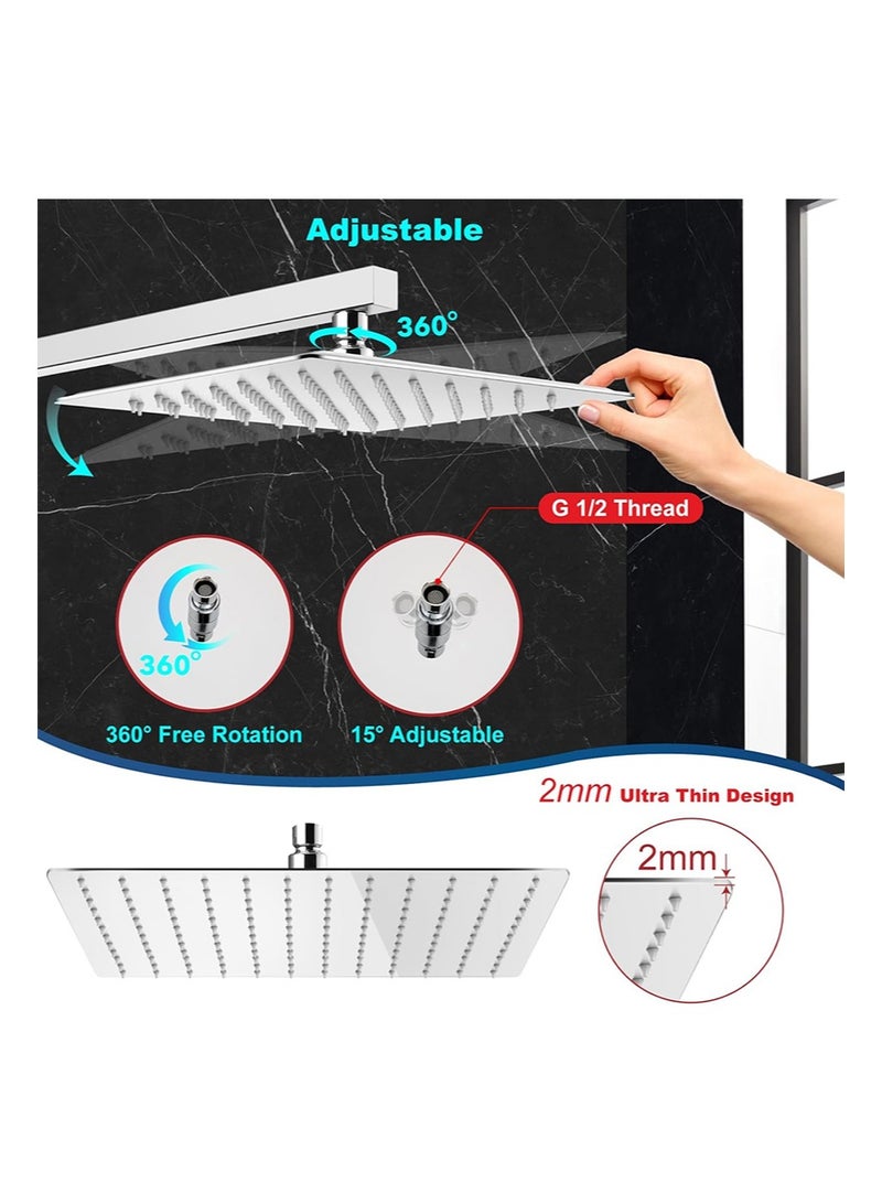 HaLunhi 12 Inch Rain Shower Head，High Flow Large Rainfall Shower Heads Made of Stainless Steel，Waterfall Bathroom Square Showerhead，Ceiling or Wall Mount （Silver） - Image 5